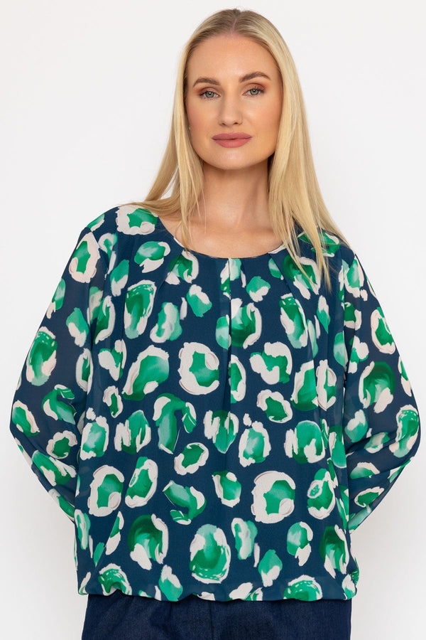 Carraig Donn Navy and Green Printed Long Sleeve Blouse