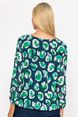 Carraig Donn Navy and Green Printed Long Sleeve Blouse