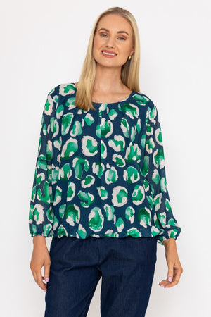 Navy and Green Printed Long Sleeve Blouse