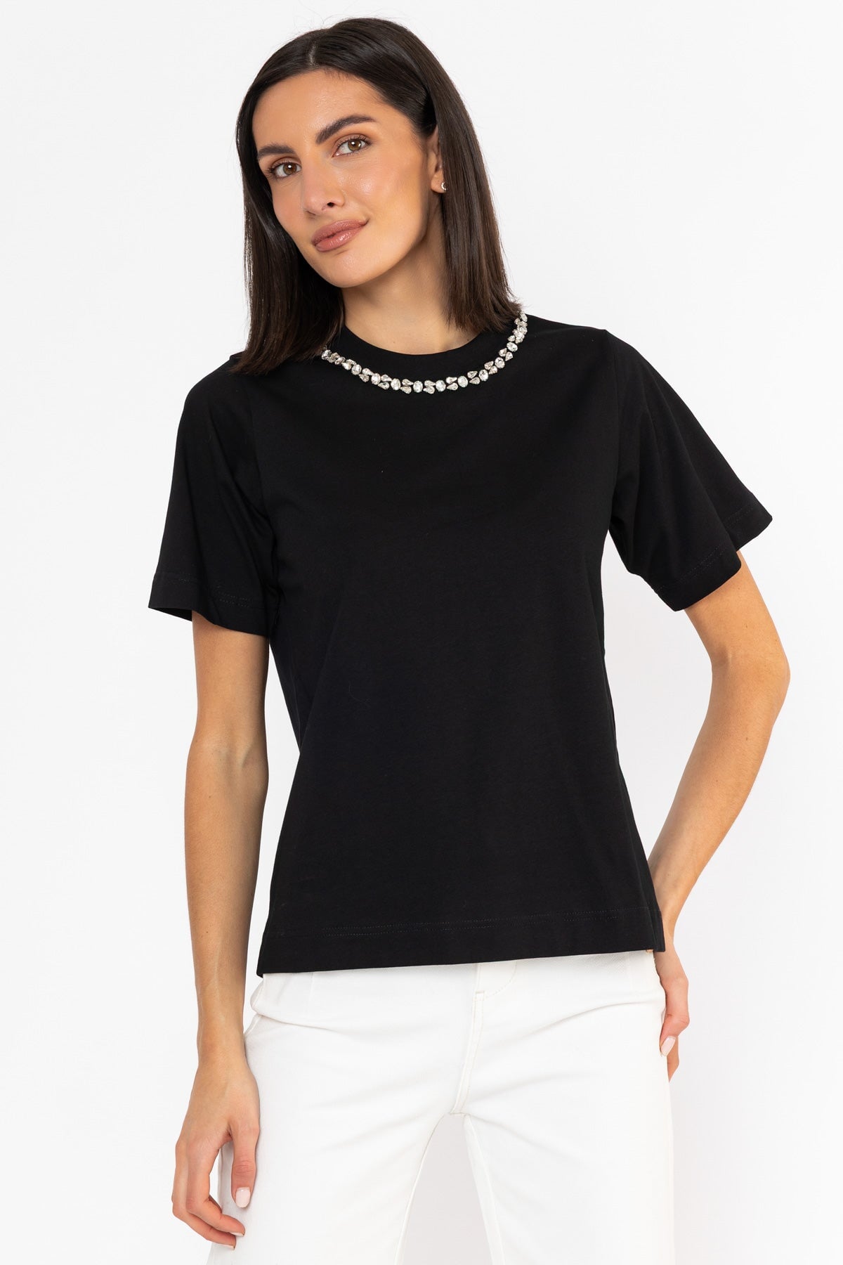 Black Cotton Diamanté Neck Short Sleeve T-Shirt
