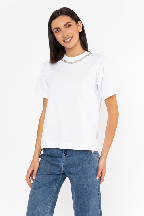 Carraig Donn 100% Cotton Diamonte Neck T-Shirt White