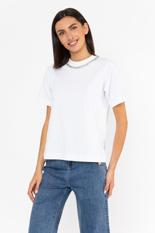 Carraig Donn 100% Cotton Diamonte Neck T-Shirt White