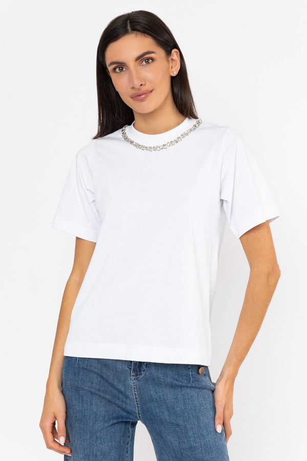 Carraig Donn 100% Cotton Diamonte Neck T-Shirt White
