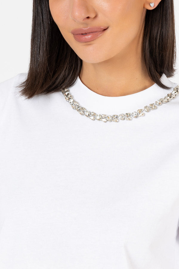 Carraig Donn 100% Cotton Diamonte Neck T-Shirt White