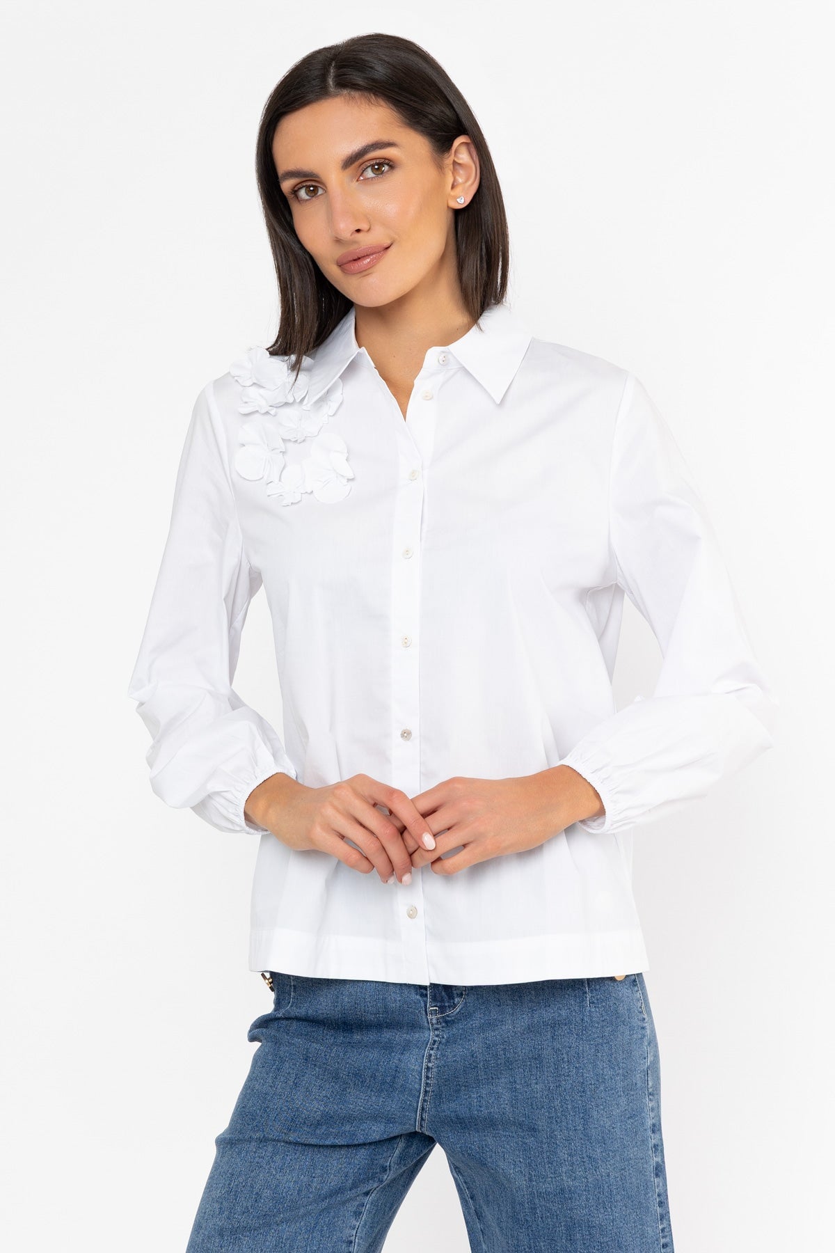 White Cotton Flower Appliqué Long Sleeve Shirt