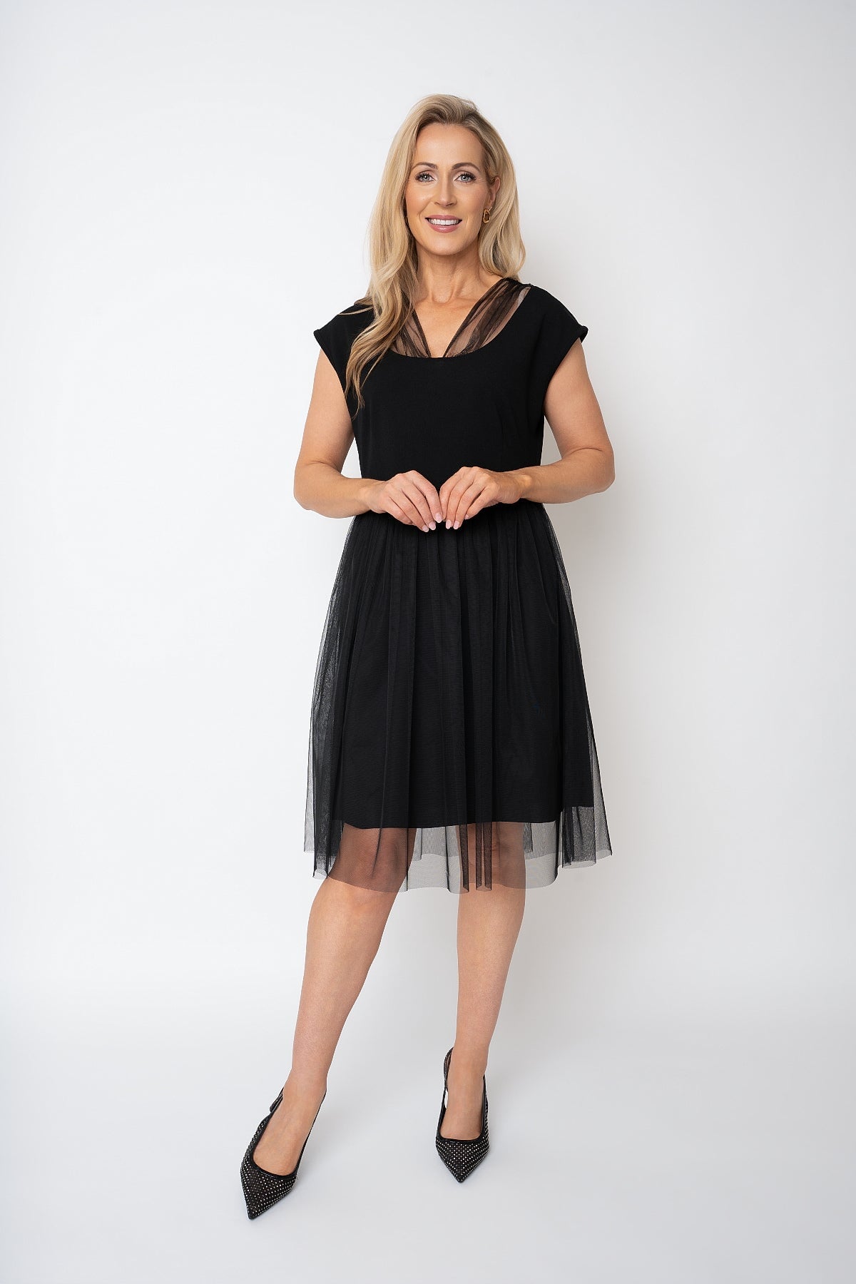 Angelina Black Tulle Detail Cap Sleeve Knee Length Dress