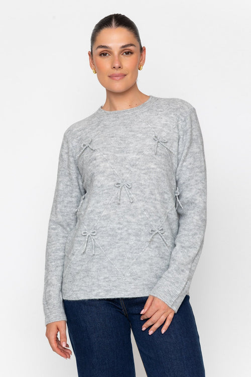 Grey Knitted Regular Fit Bow Detail Long Sleeve Jumper