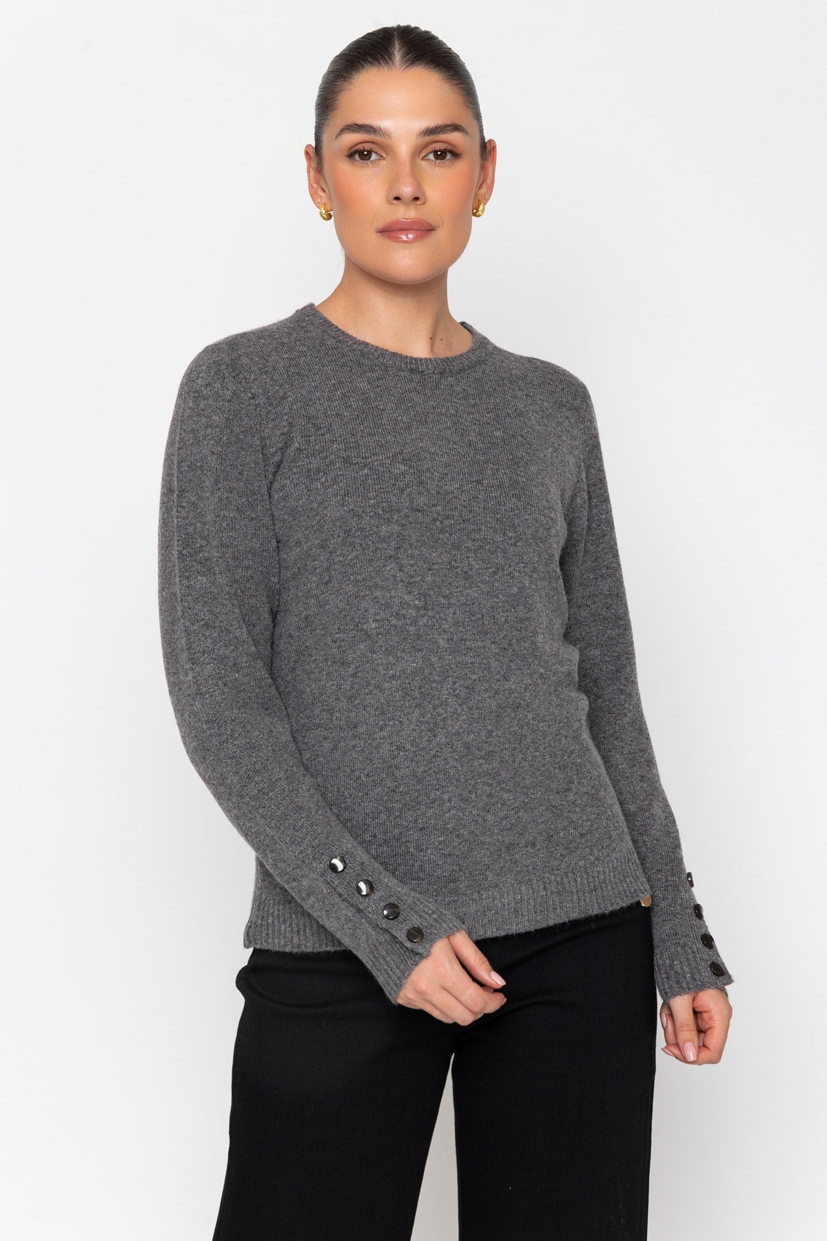 Grey Knitted Regular Fit Button Cuff Detail Long Sleeve Jumper