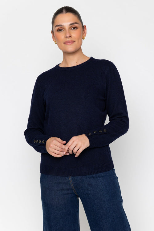 Navy Knitted Regular Fit Button Cuff Detail Long Sleeve Jumper