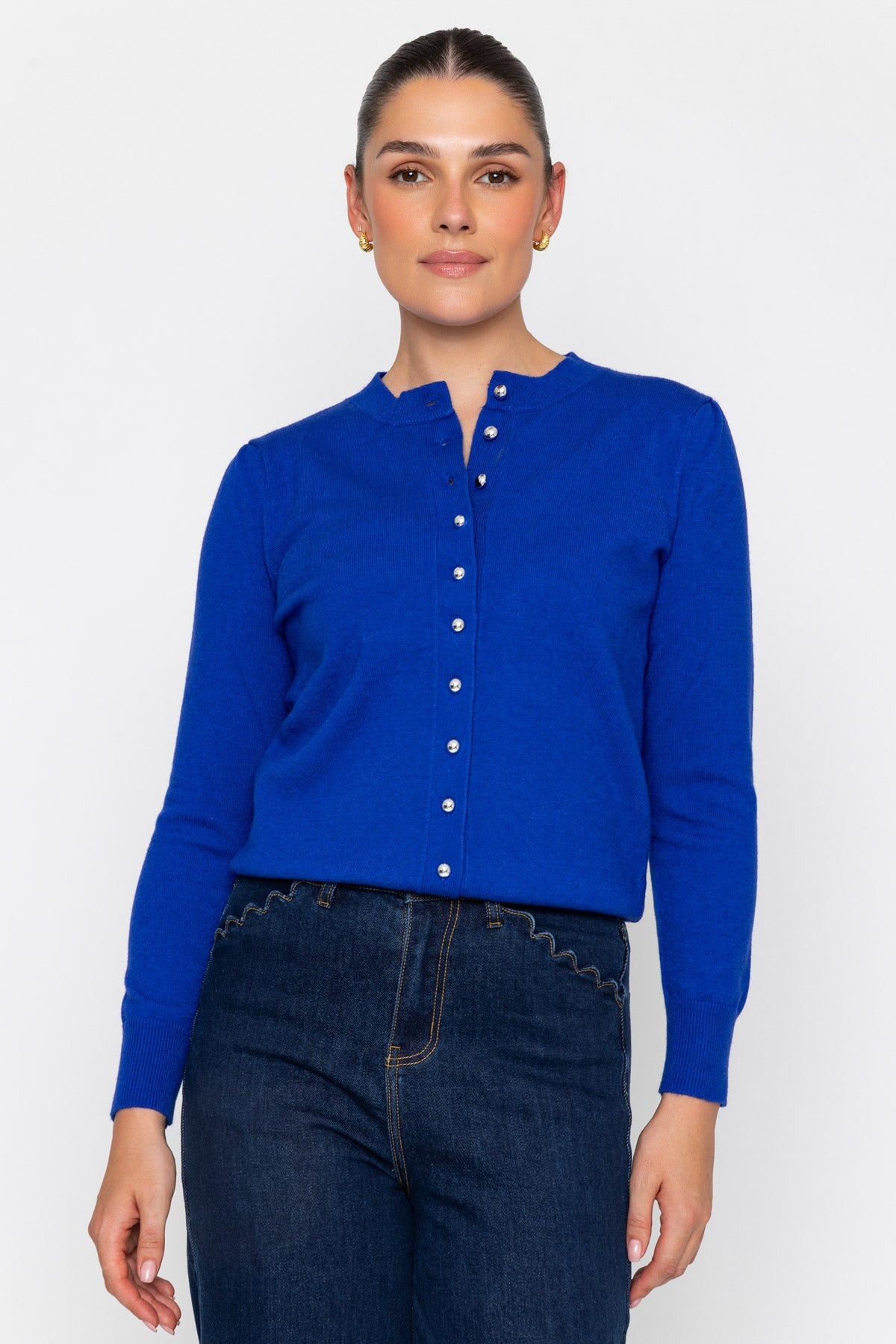 Blue Knitted Regular Fit Button Detail Long Sleeve Cardigan