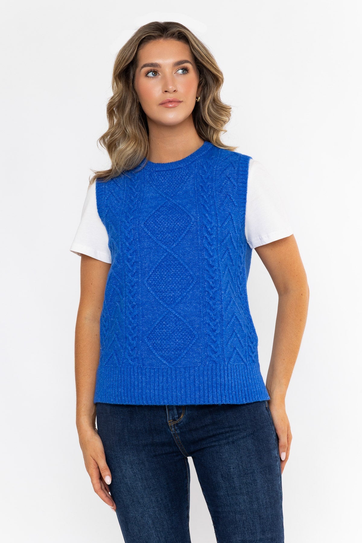 Blue Wool Blend Regular Fit Cable Knit Sleeveless Vest