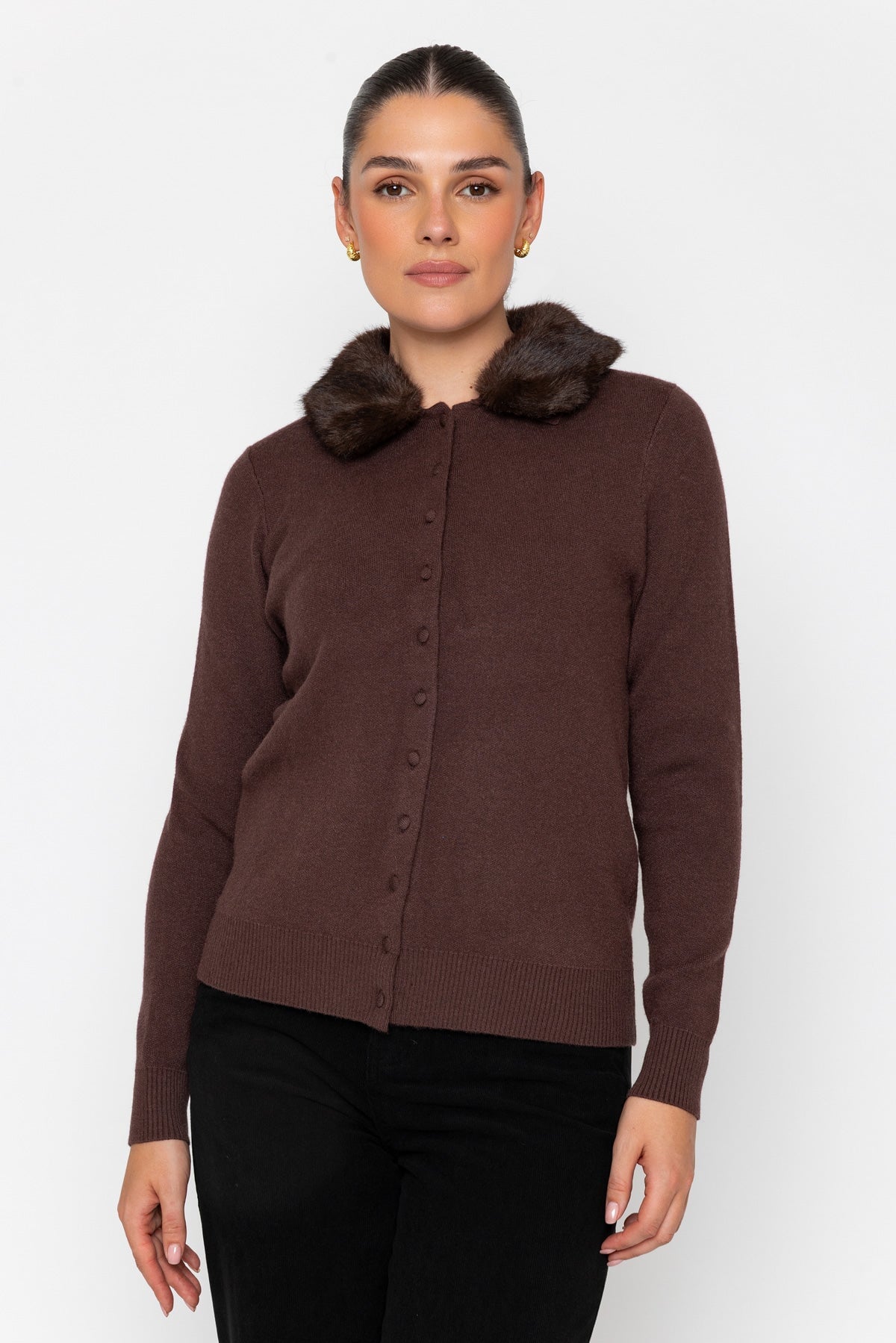 Brown Regular Fit Detachable Fur Collar Long Sleeve Cardigan