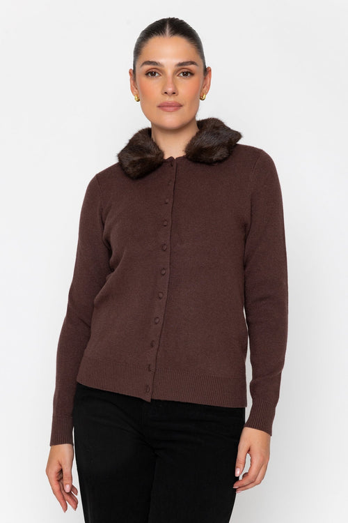 Brown Regular Fit Detachable Fur Collar Long Sleeve Cardigan