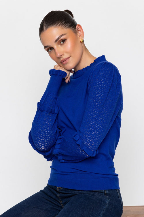 Blue Viscose Blend Regular Fit Pointelle Ruffled Neck Long Sleeve Jumper
