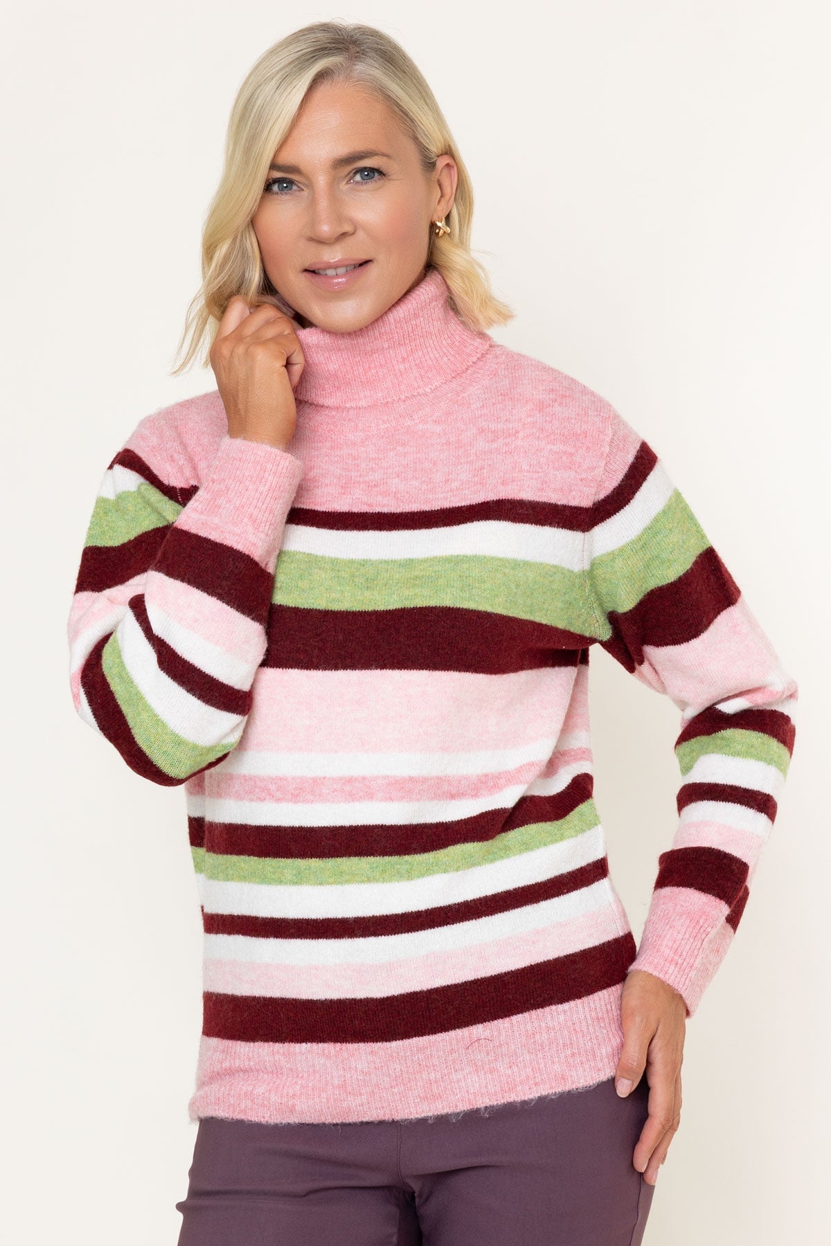 Pink Knit Roll Neck Stripe Sweater