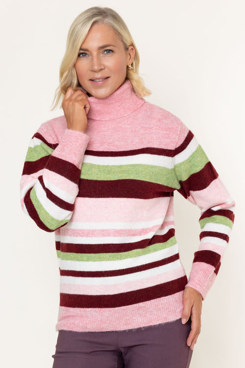 Pink Knit Roll Neck Stripe Sweater