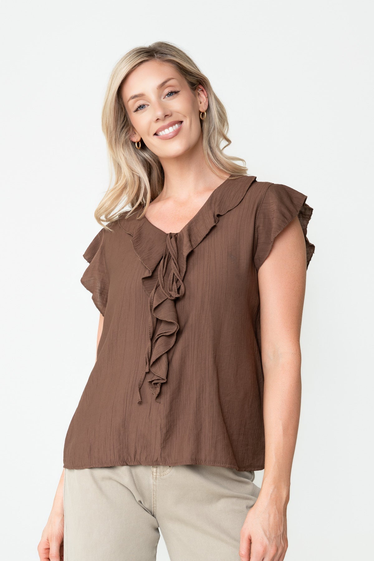 Brown  Viscose Ruffle Tie Neck Short Sleeve Top