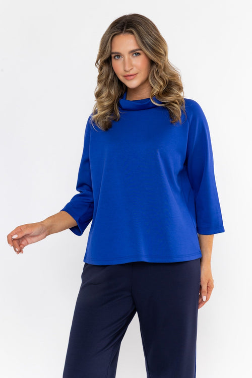 Blue Viscose Blend Relaxed Fit High Neck 3/4 Sleeve Top