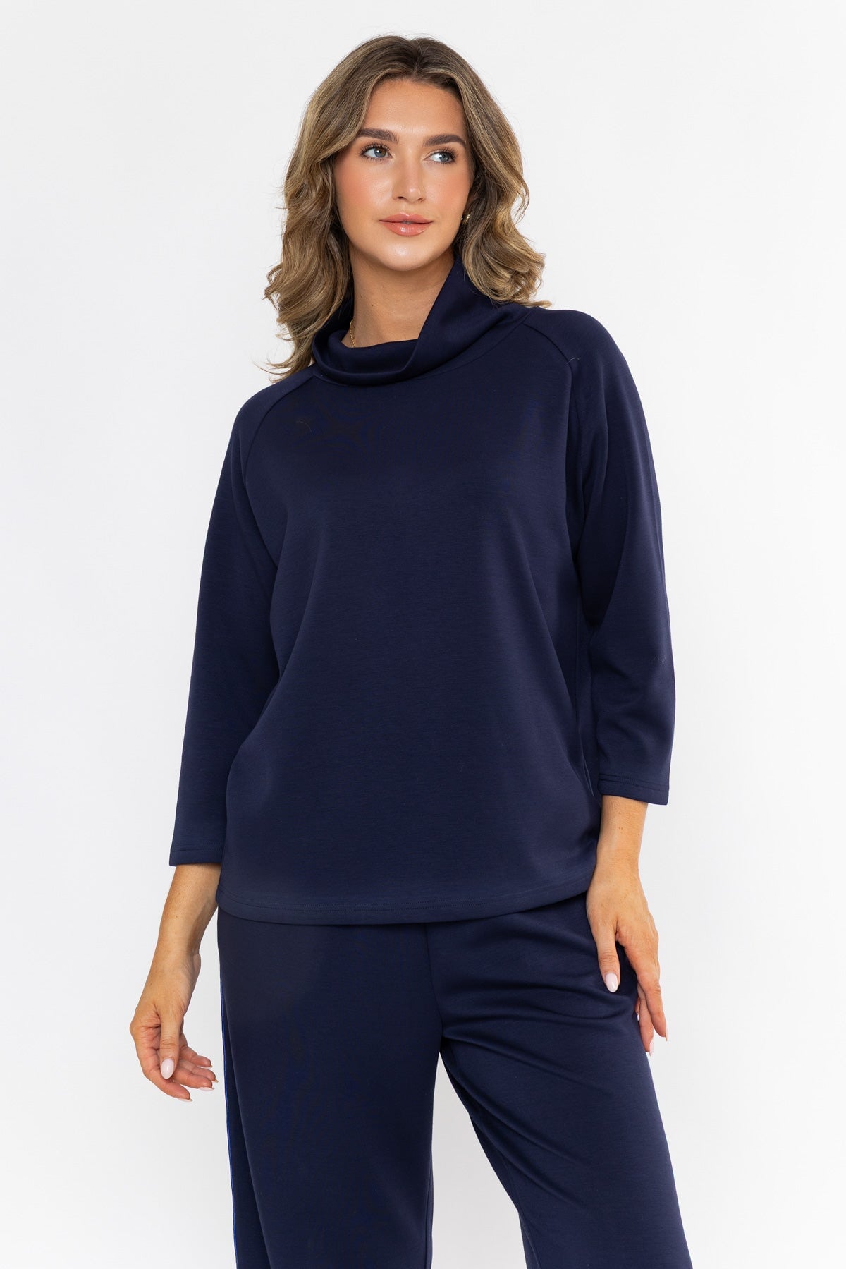Navy Viscose Blend Relaxed Fit High Neck 3/4 Sleeve Top