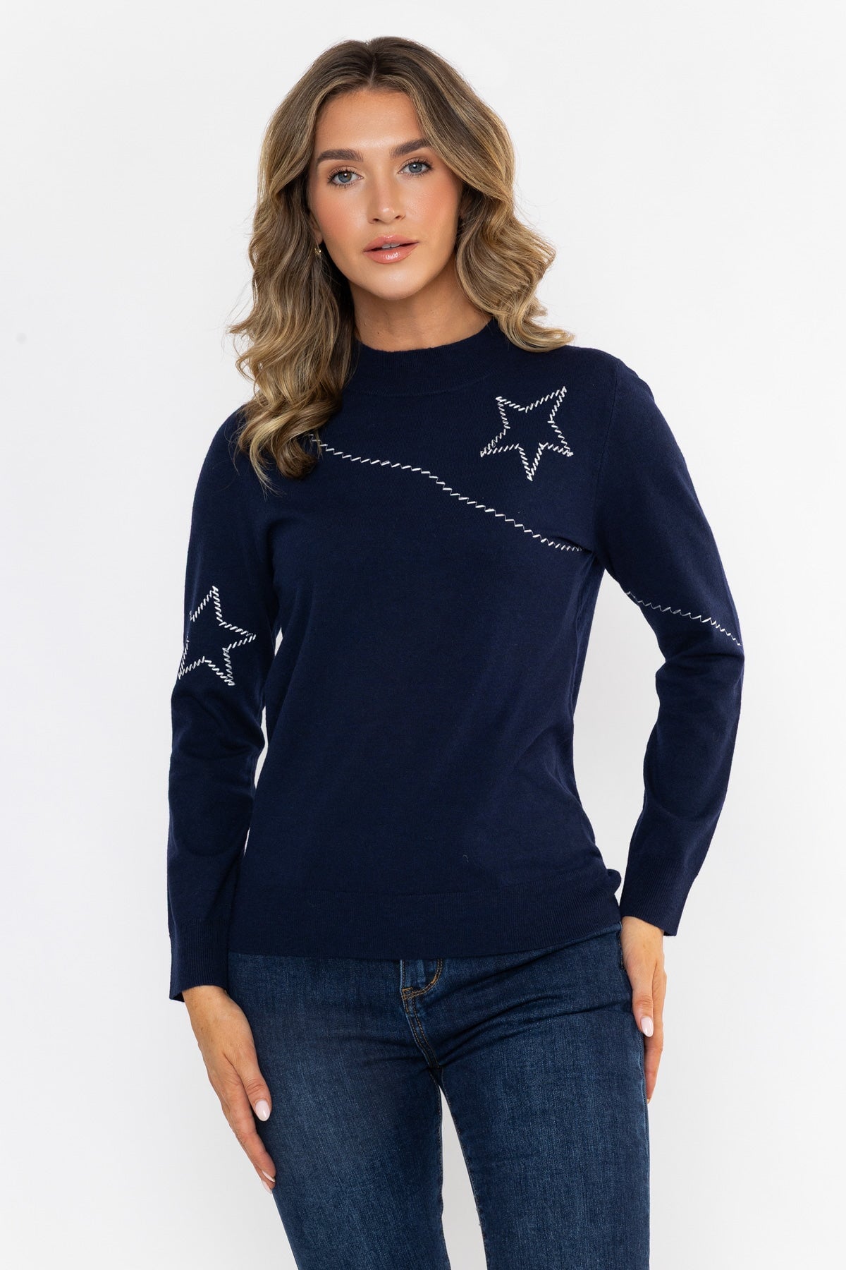 Navy Knit Regular Fit Star Embroidered Long Sleeve Jumper