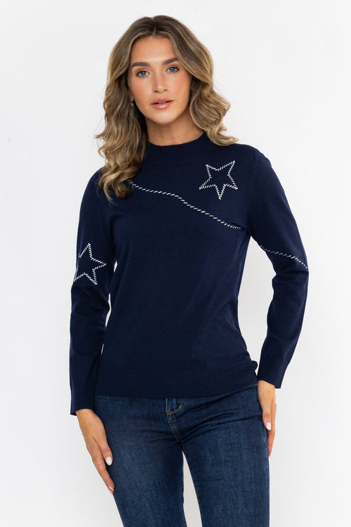 Navy Knit Regular Fit Star Embroidered Long Sleeve Jumper