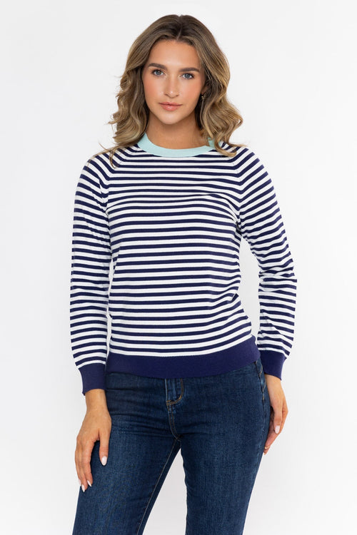 Navy Knitted Regular Fit Striped Long Sleeve Jumper