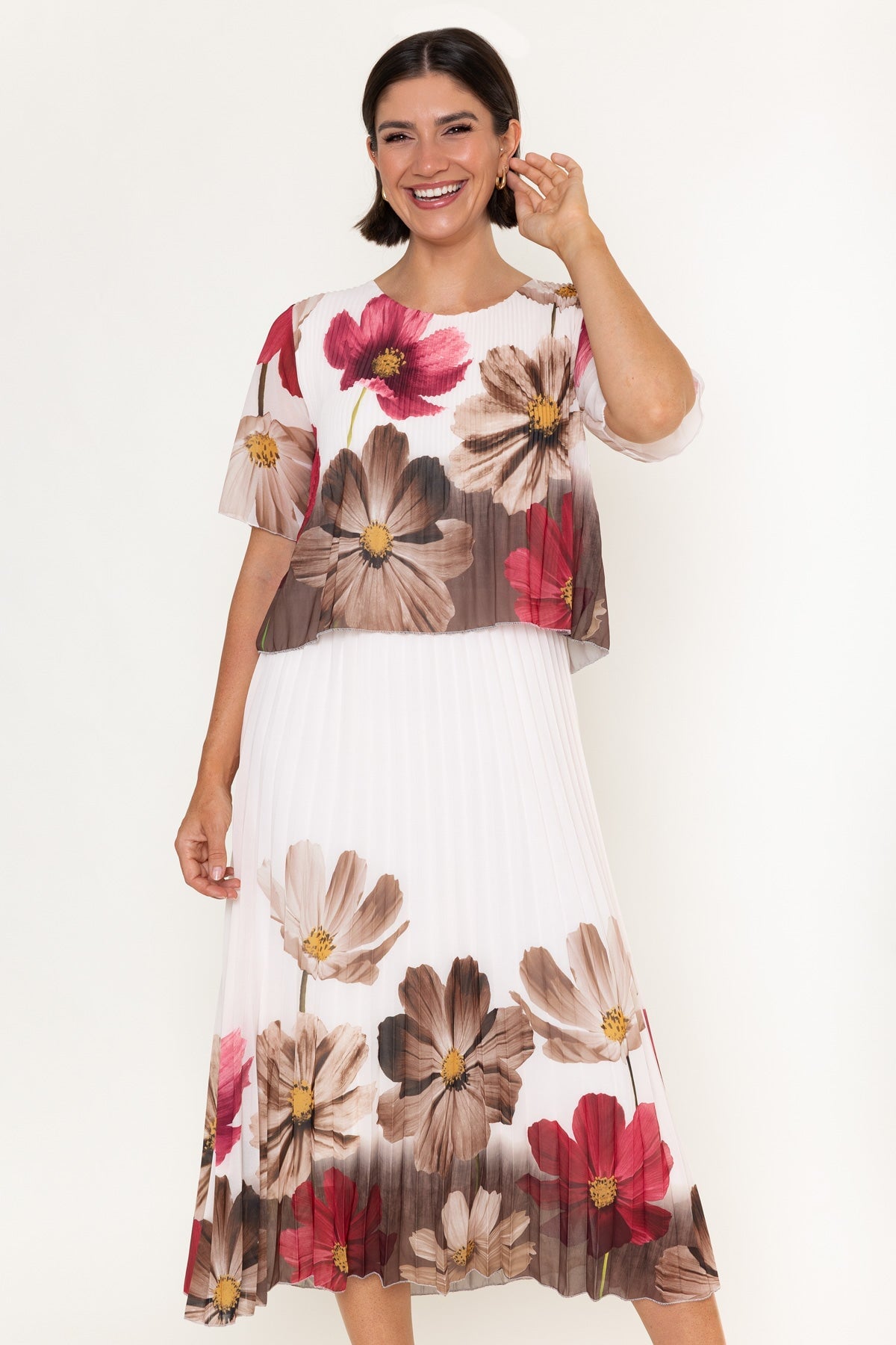 Victoria Cream Floral Print Chiffon A-Line Short Sleeve Midi Dress