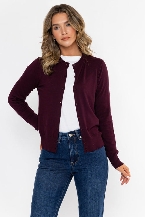 Burgundy Viscose Blend Regular Fit Fine Gauge Cardigan