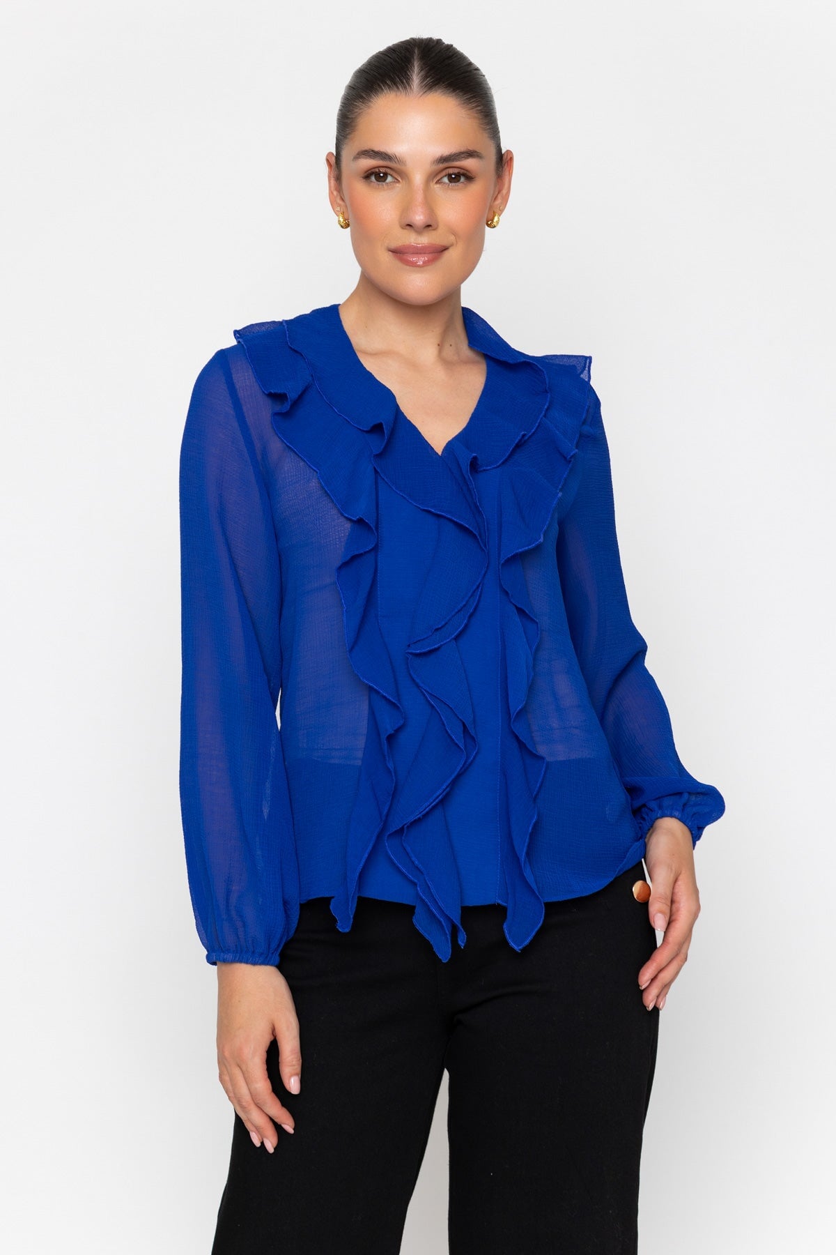 Blue Chiffon Regular Fit Frill Detail Long Sleeve Top