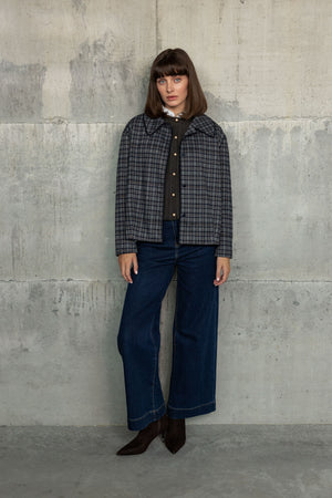 Grey Checked Rayon Blend Long Sleeve Jacket