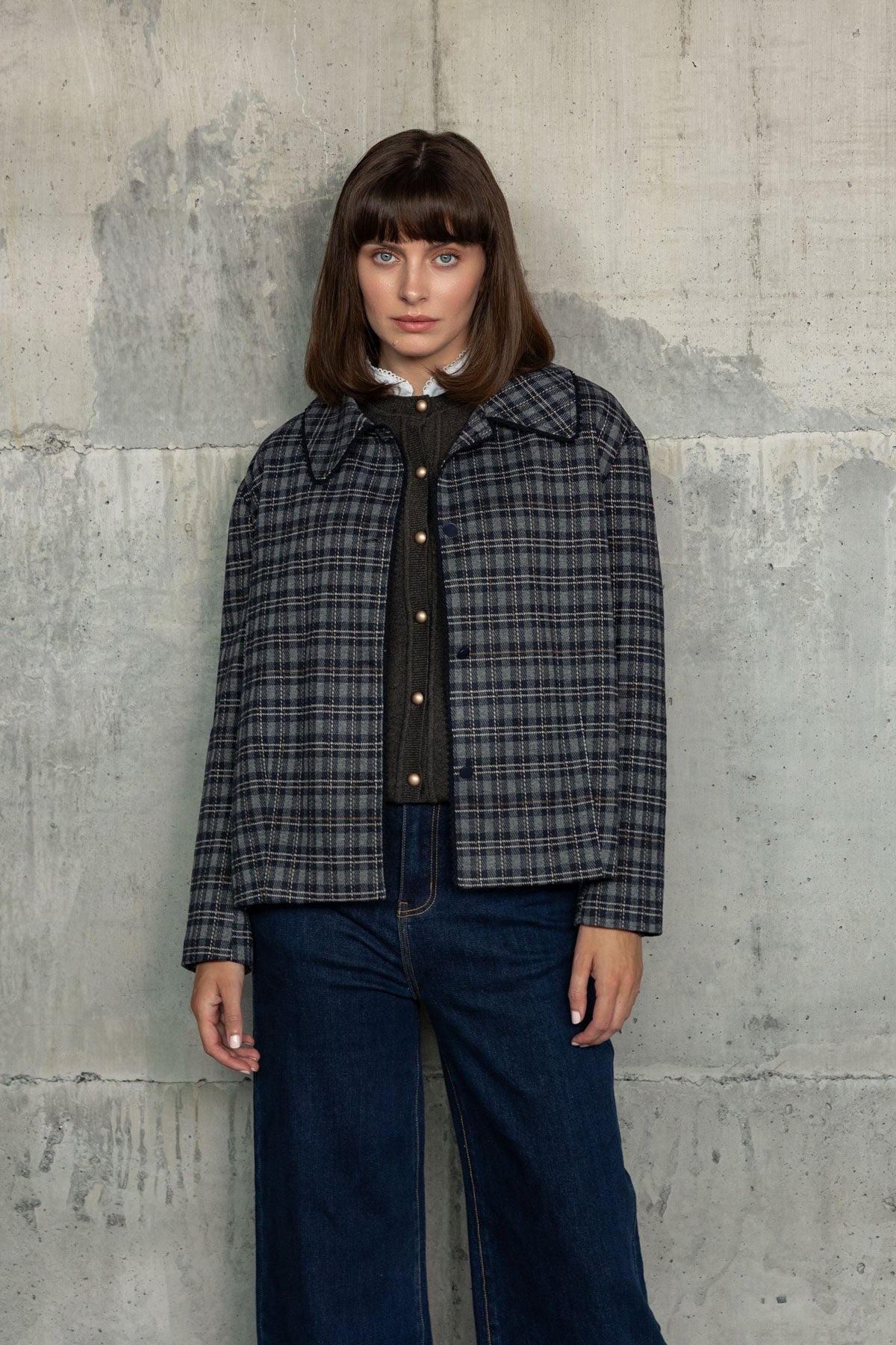 Grey Checked Rayon Blend Long Sleeve Jacket