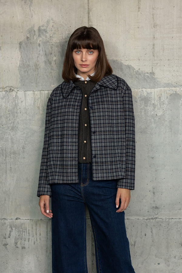 Grey Checked Rayon Blend Long Sleeve Jacket