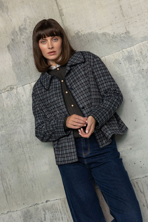 Grey Checked Rayon Blend Long Sleeve Jacket