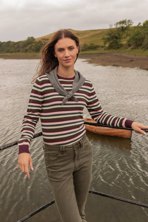 Burgundy Viscose Blend Regular Fit Striped Long Sleeve Jumper