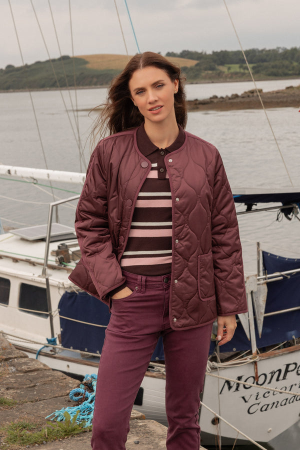 Burgundy Collarless Quilted Padded Long Sleeve Jacket