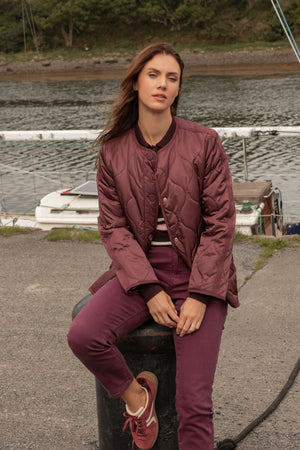 Burgundy Collarless Quilted Padded Long Sleeve Jacket