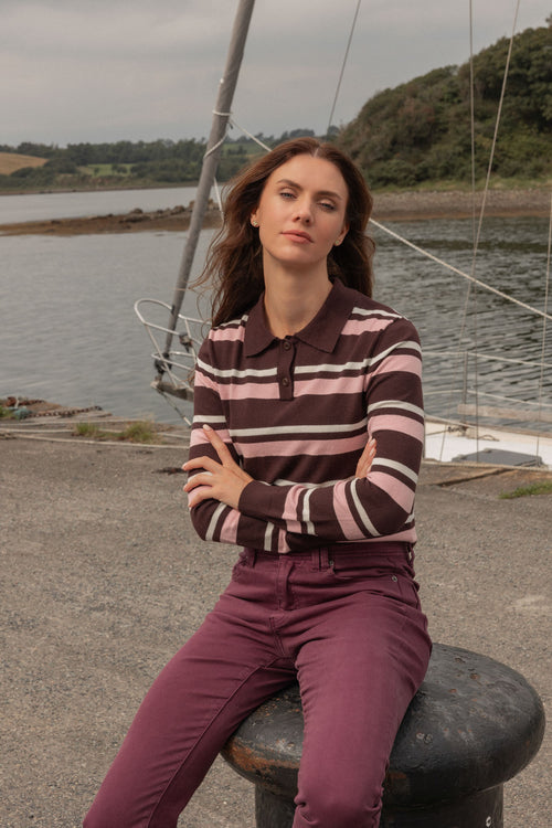 Brown & Pink Striped Viscose Blend Regular Fit Soft Touch Shirt Collar Jumper