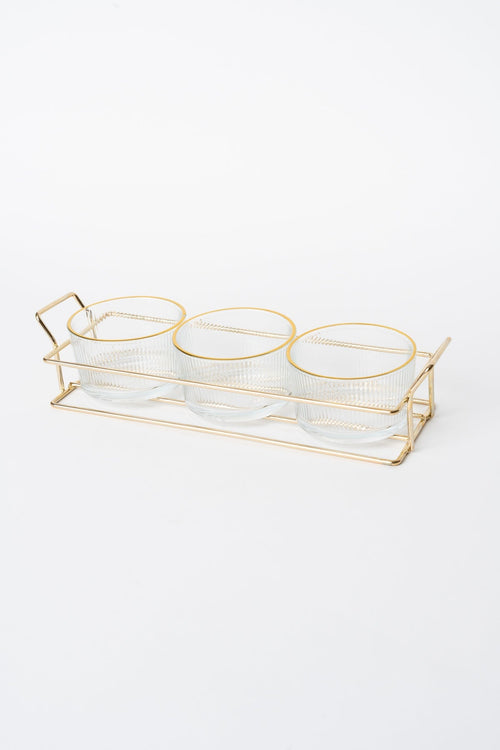 3 Piece Glass Gold Trim Serving Set With Metal Tray