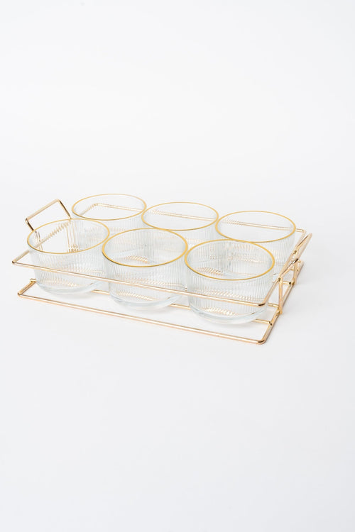 6 Piece Glass Gold Trim Serving Set With Metal Tray