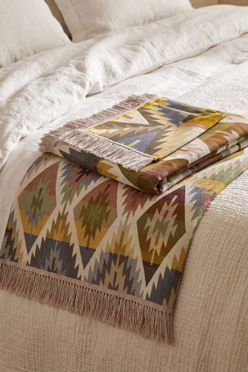 Multicoloured Ikat Diamond Blanket With Fringes