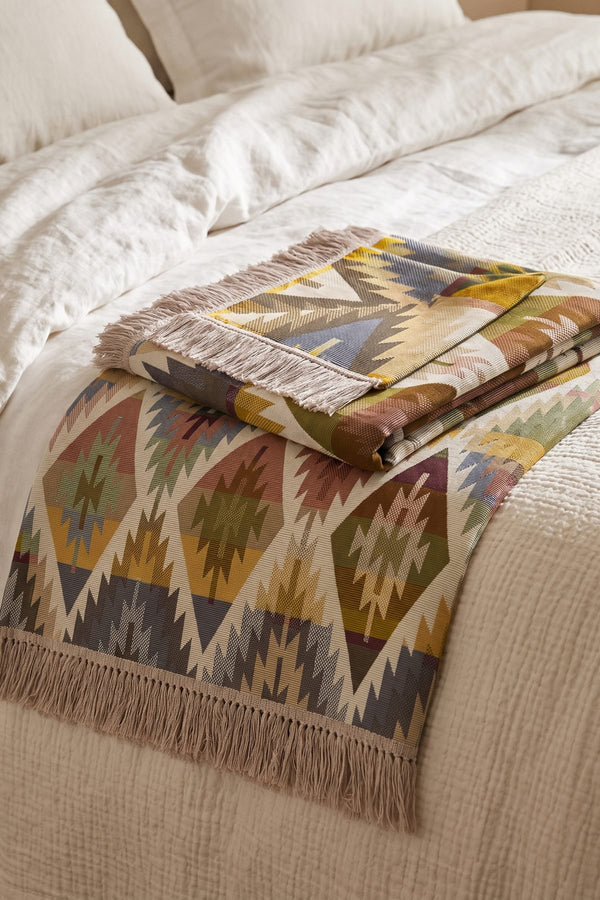 Multicoloured Ikat Diamond Blanket With Fringes