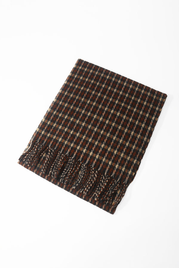 Brown Wool Blend Mini Check Tassel Scarf