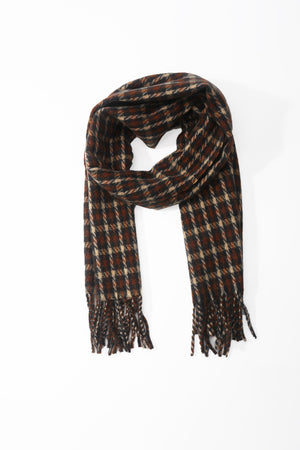 Brown Wool Blend Mini Check Tassel Scarf