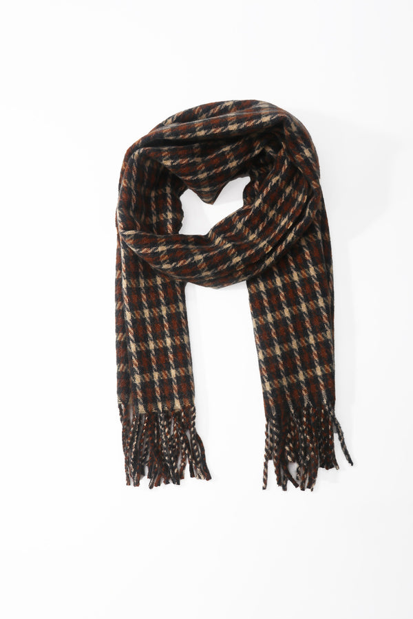 Brown Wool Blend Mini Check Tassel Scarf