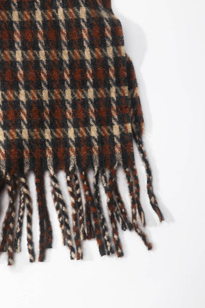 Brown Wool Blend Mini Check Tassel Scarf
