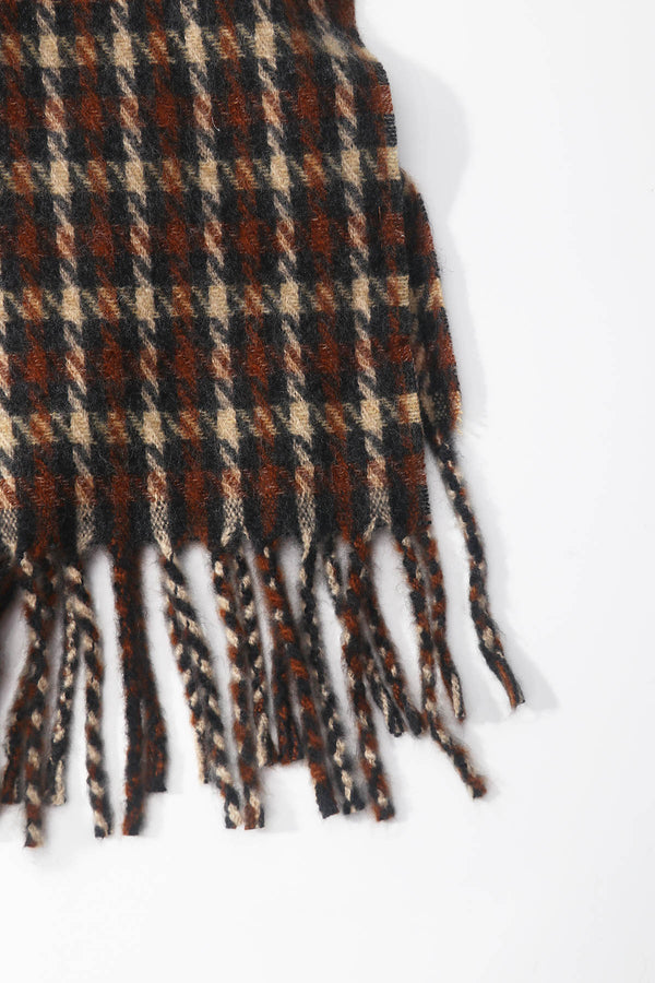 Brown Wool Blend Mini Check Tassel Scarf