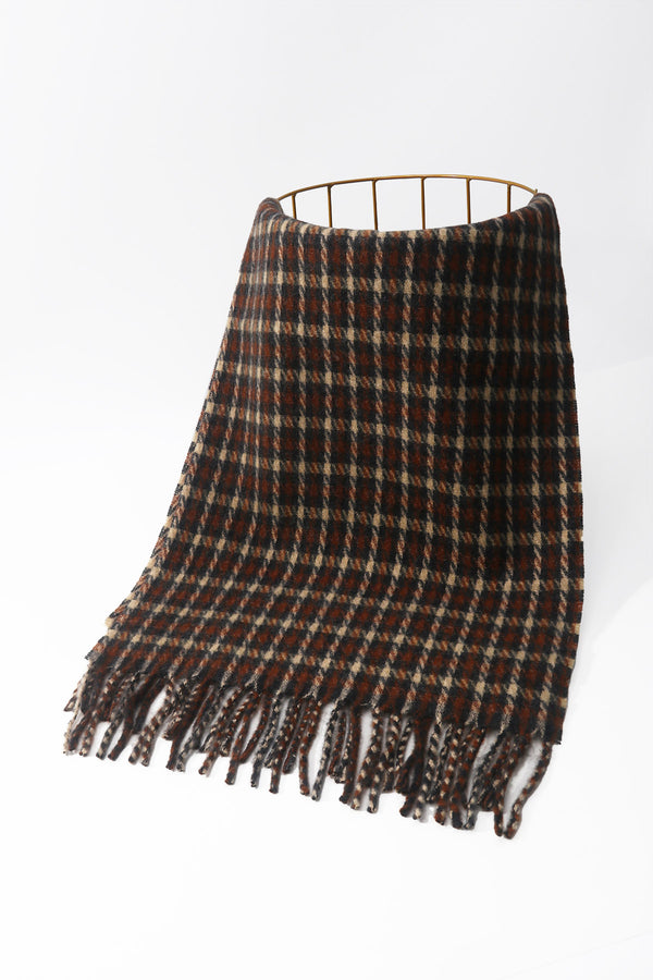 Brown Wool Blend Mini Check Tassel Scarf