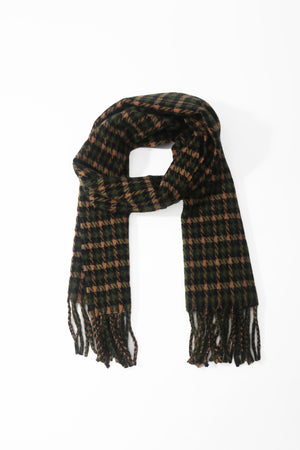 Green Wool Blend Mini Check Tassel Scarf