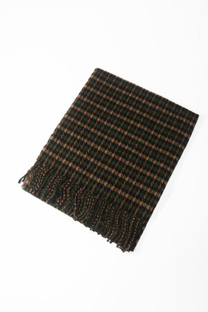 Green Wool Blend Mini Check Tassel Scarf