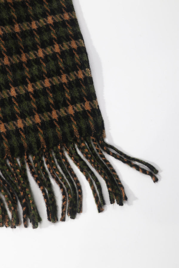 Green Wool Blend Mini Check Tassel Scarf